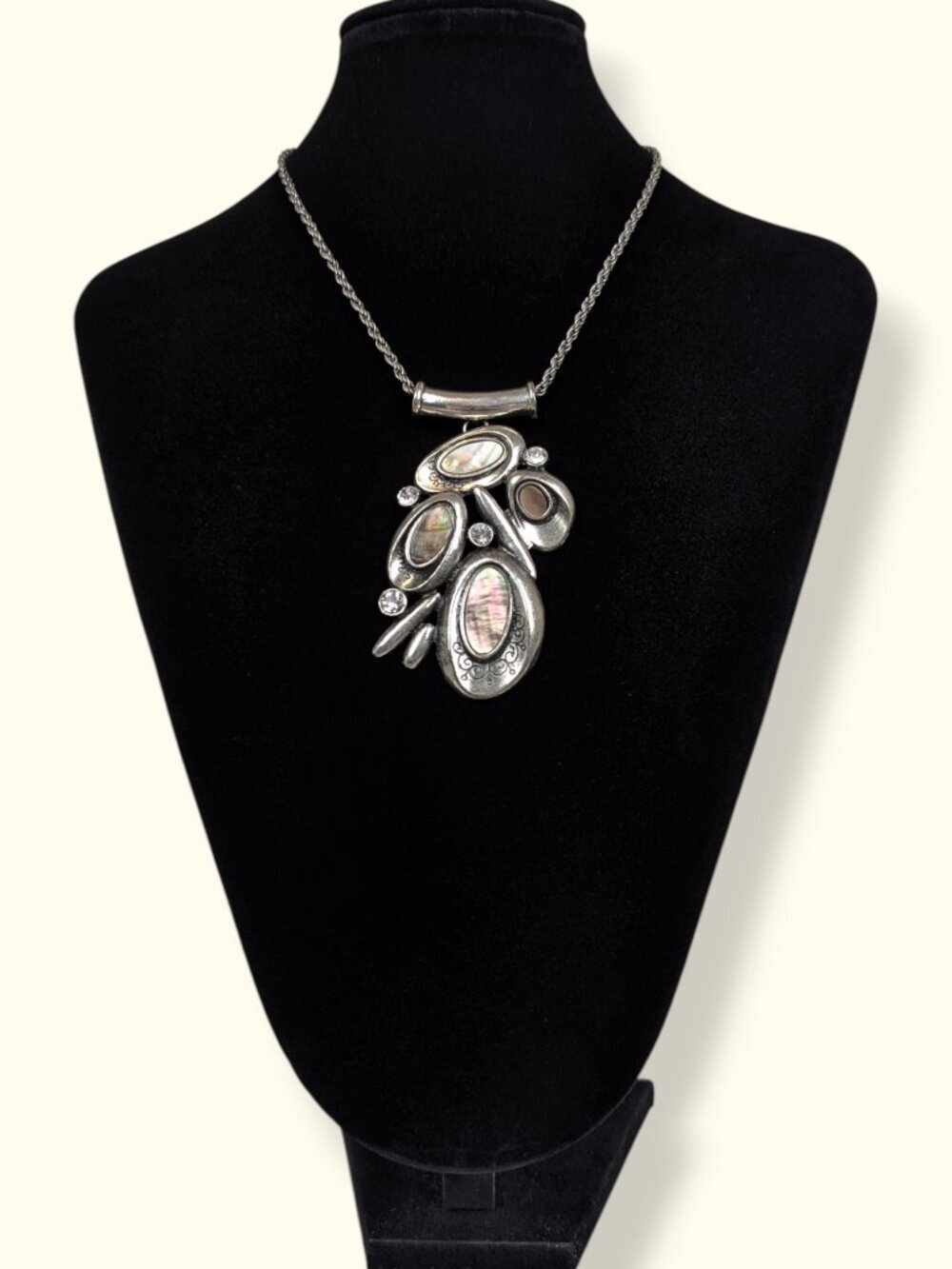 Modernist Abstract Abalone & Rhinestone Rope Chain Necklace - Picture 2 of 5